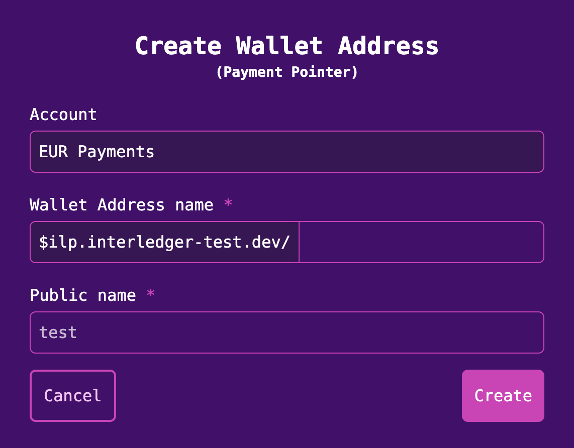 Create wallet address screen with fields for wallet address name and public name